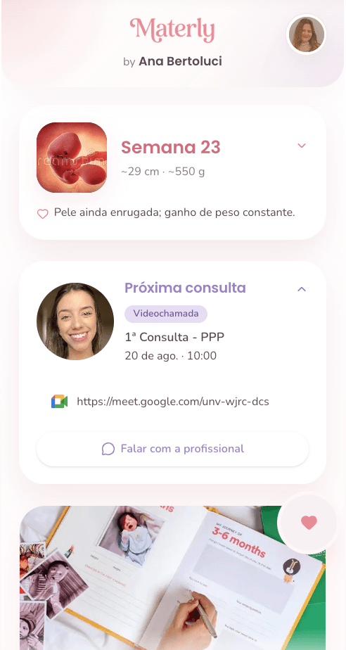 App Materly da paciente — semana 23, próxima consulta e Baby Journal