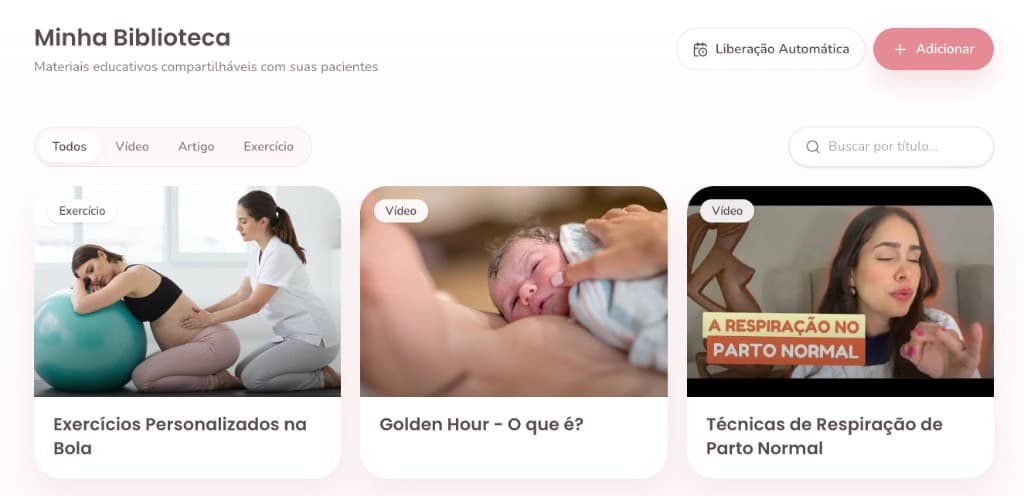 Biblioteca de conteúdos da profissional — vídeos, artigos e exercícios