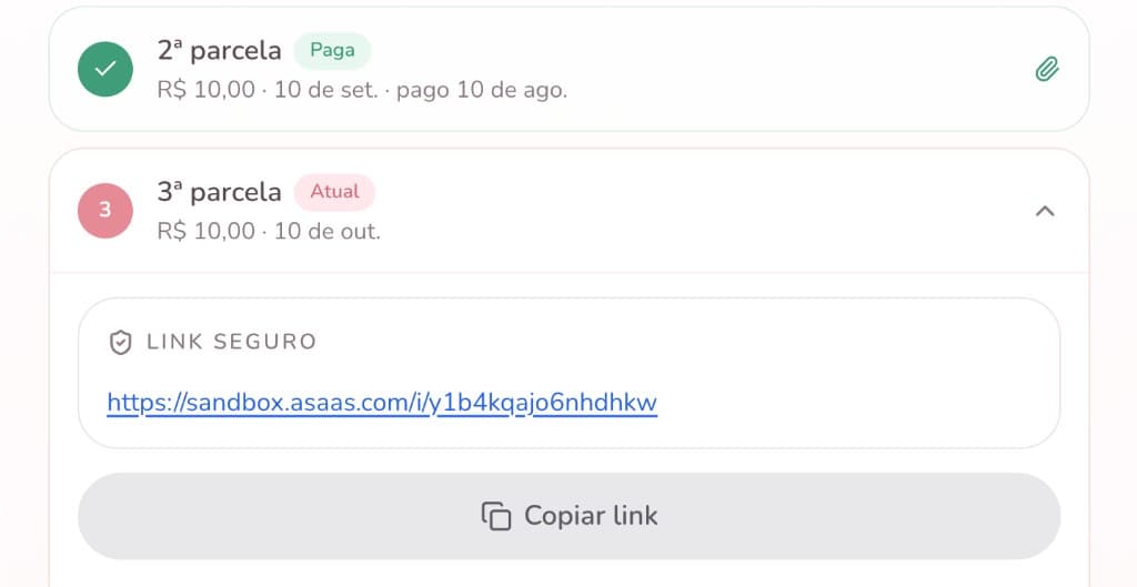 Painel financeiro da profissional com parcelas pagas e link de cobrança