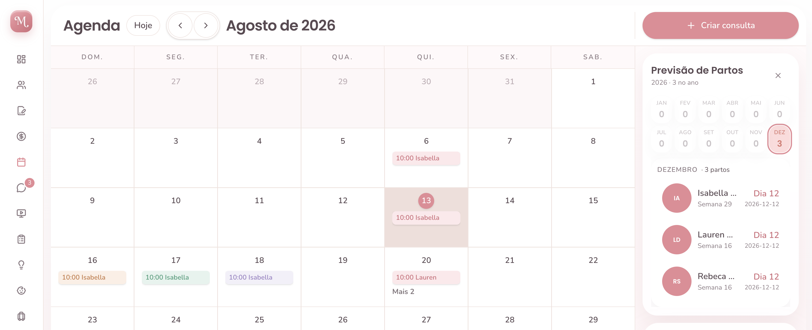 Agenda Materly com consultas e previsão de partos