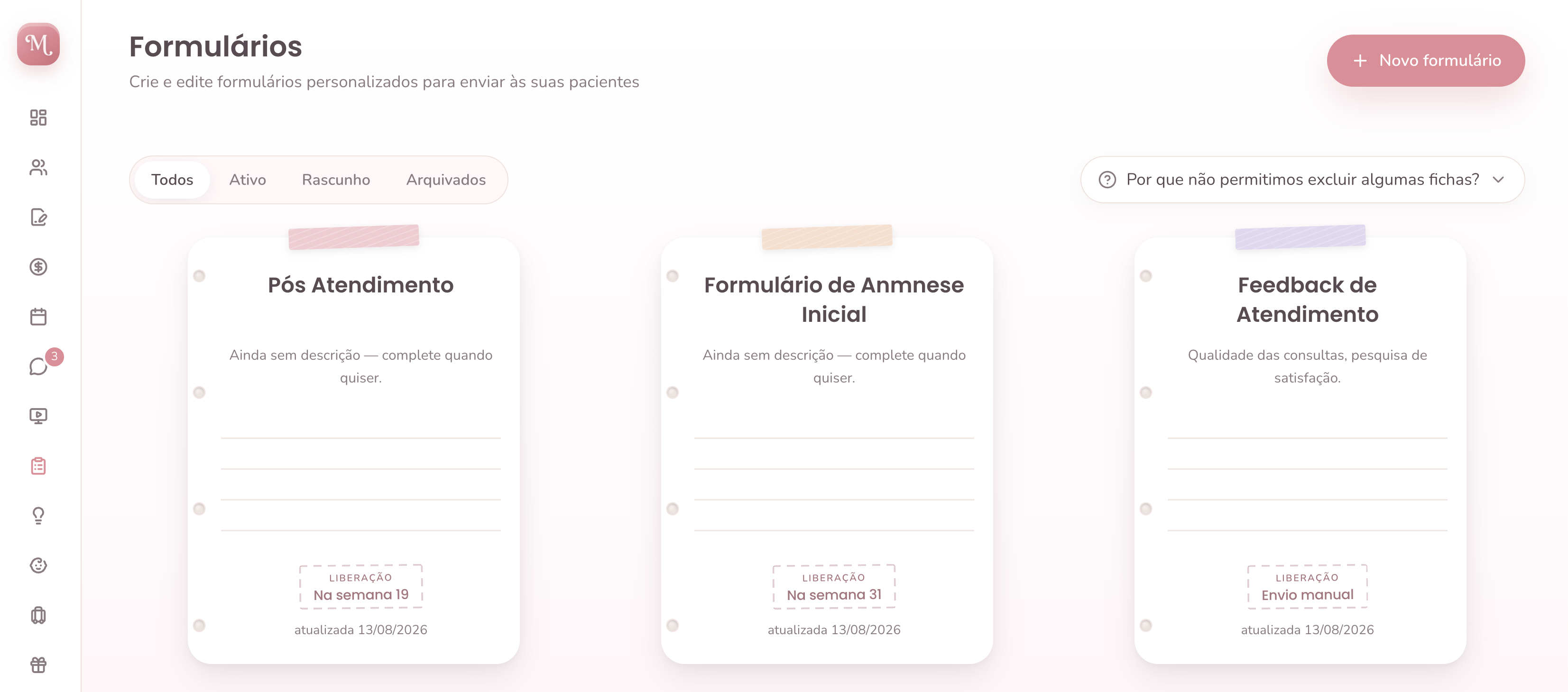 Formulários Materly com fichas de anamnese e feedback