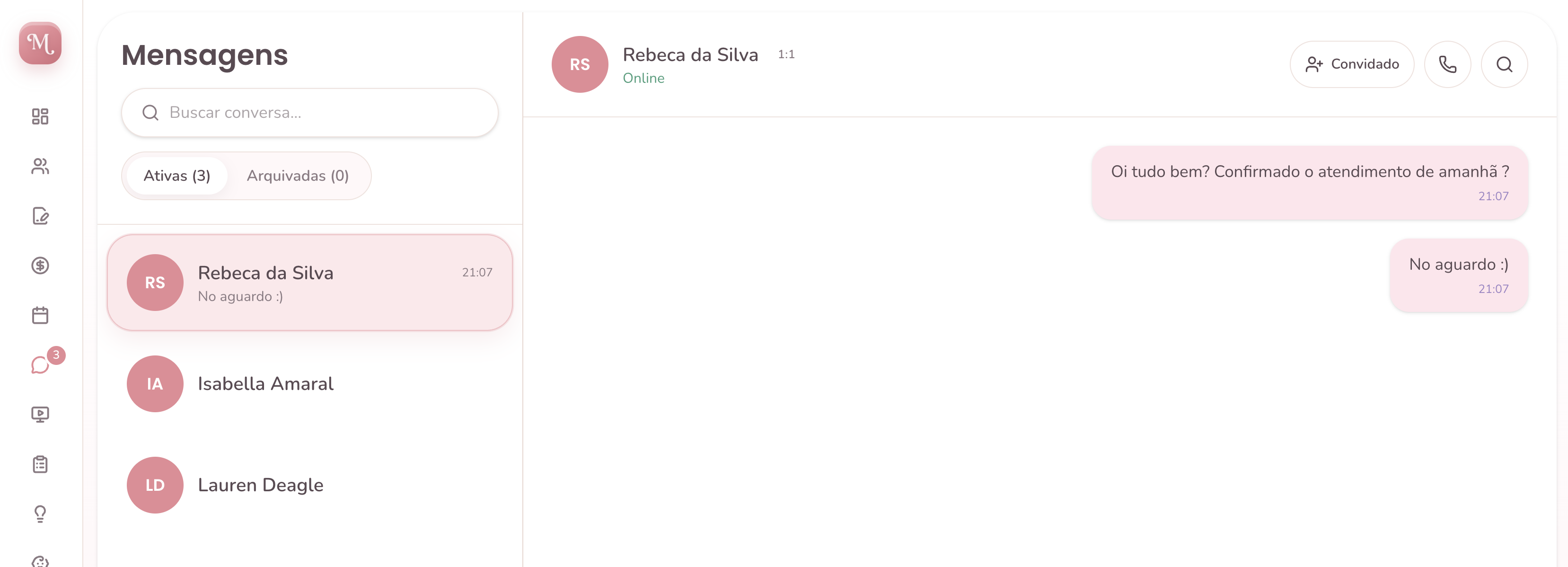 Mensagens Materly com conversa ativa da paciente