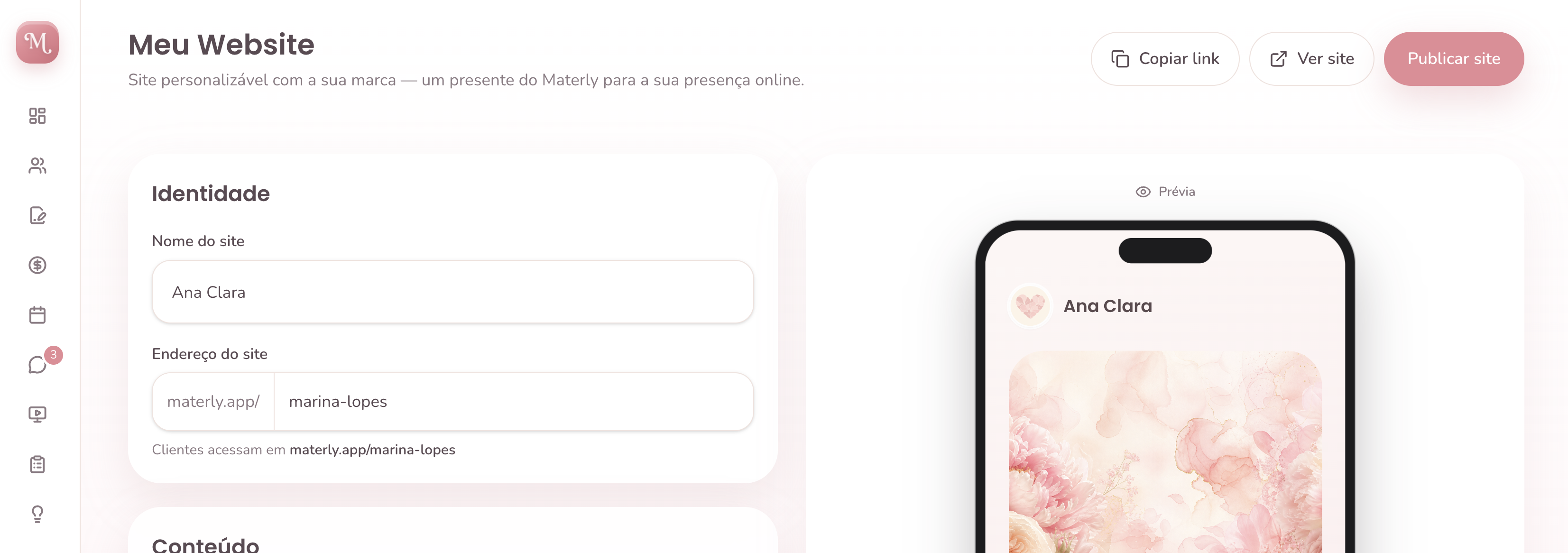 Editor do site da profissional na Materly